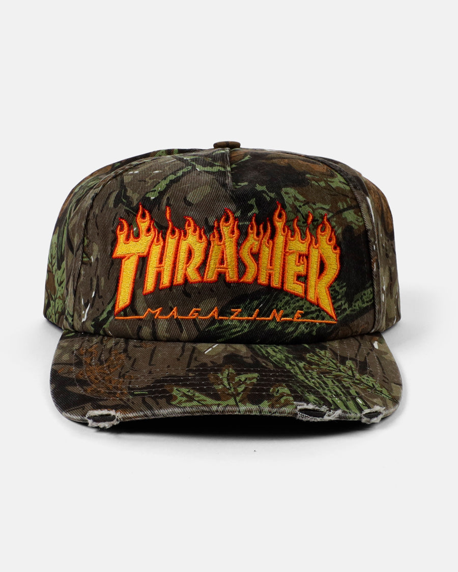 FLAME DISTRESSED SNAPBACK - CAMO – Thrasher Magazine